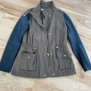 H&M stand collar, faux leather sleeve jacket